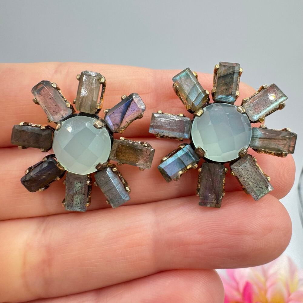 Labradorite Baguette Faceted Chalcedony 925 Sterling Silver Sunburst Earrings - Picture 5 of 14